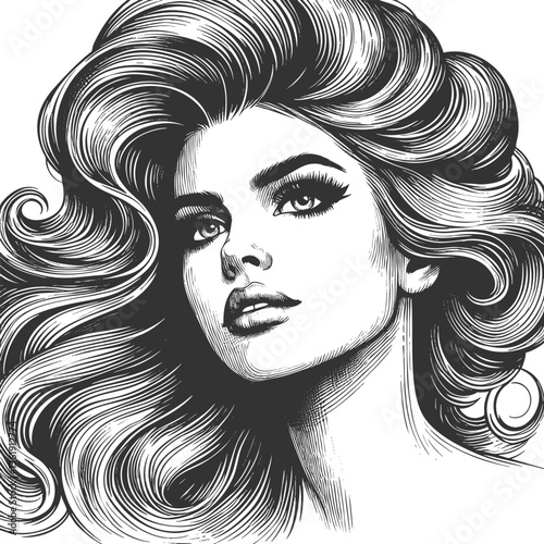woman with an enormous, intricately curled hairstyle, blending surrealism, elegance, and vintage artistic style sketch engraving generative ai vector illustration. Scratch board. Black and white image