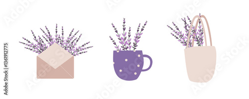 Spring flower bouquets of lavenderand in shopping bag, envelope and cup. Hand drawn flat design clipart illustration compositions isolated on transparent background. Violet plants.