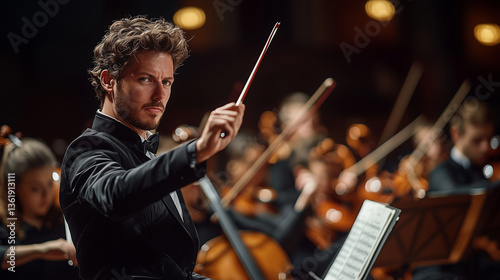 A charismatic conductor passionately leading a youth orchestra, expressive hand gestures, intense concentration on musicians faces