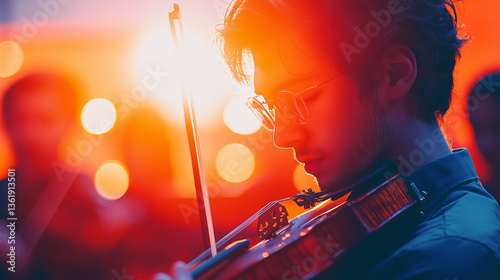 A breathtaking moment in a conservatory concert, a passionate violinist playing with deep emotion, a grand orchestra behind them