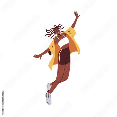 Happy black woman jumping up with arms spread. Joyful excited smiling young girl celebrating with energy. Inspired festive pose, emotion. Flat vector illustration isolated on white background