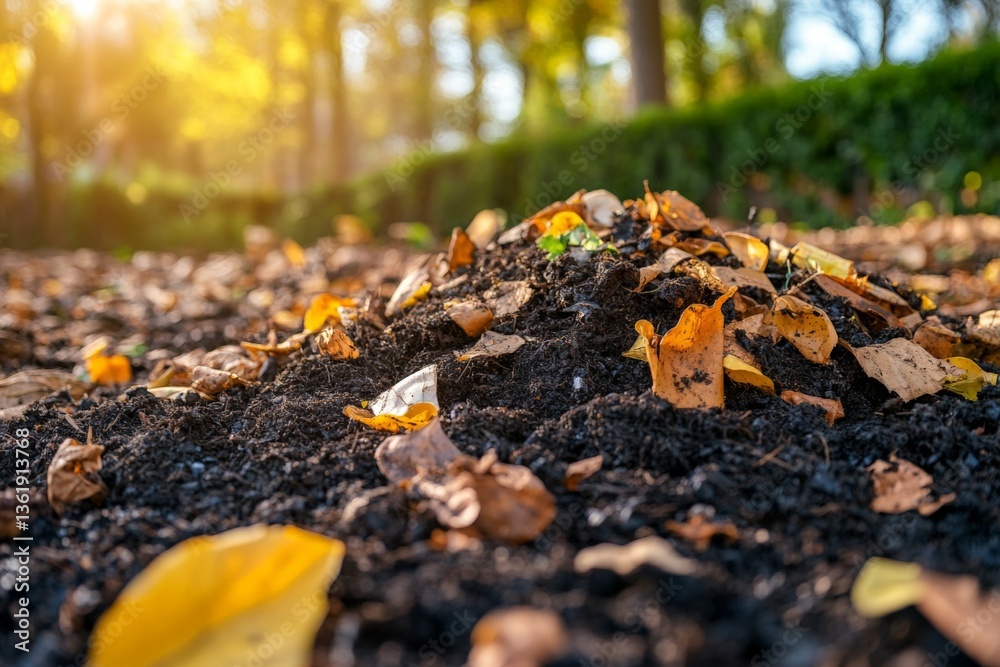 Colorful autumn leaves cover a freshly turned mound of dirt in the park during late afternoon sunlight Colorful autumn leaves cover a freshly turned mound of dirt in the park during late afternoon sunlight