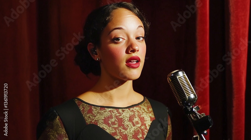 A female jazz singer in a dark lounge, vintage microphone, red velvet curtains behind her