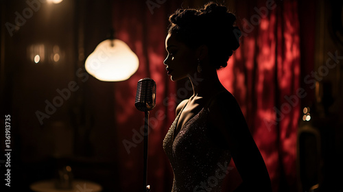 A female jazz singer in a dark lounge, vintage microphone, red velvet curtains behind her