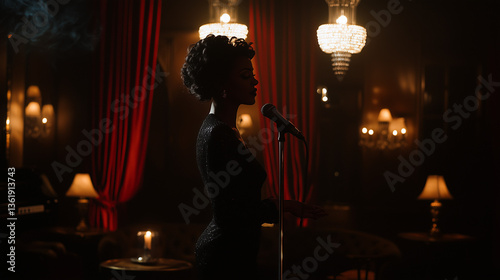 A female jazz singer in a dark lounge, vintage microphone, red velvet curtains behind her