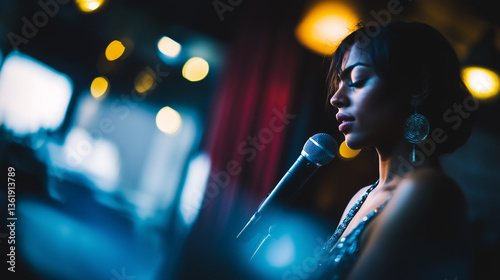 A female jazz singer in a dark lounge, vintage microphone, red velvet curtains behind her