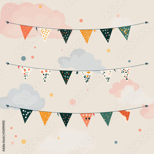 Whimsical Party Bunting Flags with Abstract Patterns and Sky Elements – Clipart