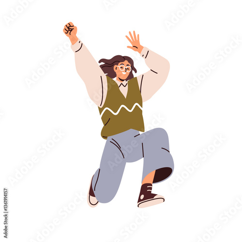 Woman jumping up to celebrate victory. Joyful excited emotional female smiling, energetic pose. Positive girl in glasses, rejoicing success. Flat vector illustration isolated on white background