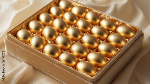 Golden eggs arranged neatly in a luxurious box on a soft satin surface