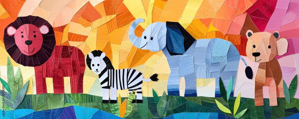 Fototapeta kids art craft and collage concept. Colorful mosaic of cartoon animals in a vibrant landscape.