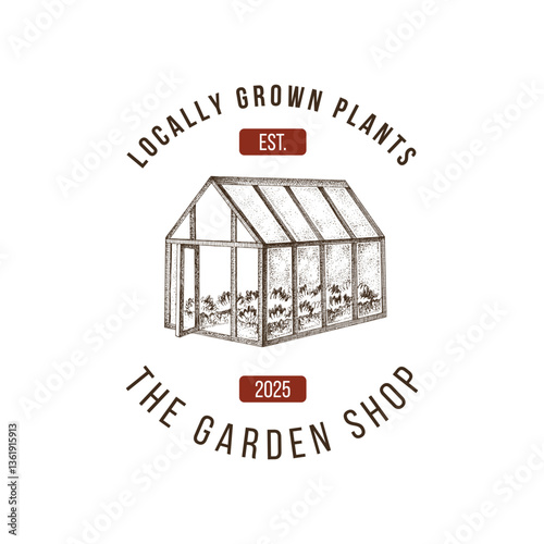 The garden shop logo with hand drawn greenhouse