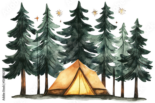 Wallpaper Mural A cozy tent nestled among tall evergreen trees, illuminated from within, creating a warm and inviting atmosphere. Torontodigital.ca