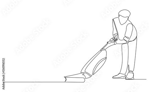 Continuous single line of man using vacuum cleaner for cleaning room and floor from dust. Housekeeping home tool appliance sketch drawing editable stroke vector illustration