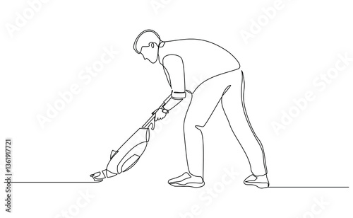 Continuous single line of man using vacuum cleaner for cleaning room and floor from dust. Housekeeping home tool appliance sketch drawing editable stroke vector illustration