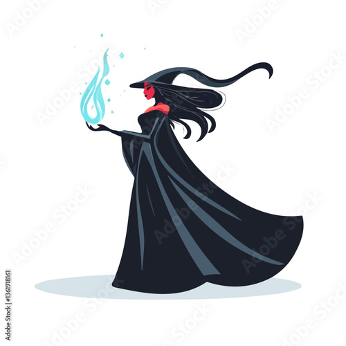 2D flat vector illustration Dark Sorceress Summoning Magic icon isolated on a white background.

