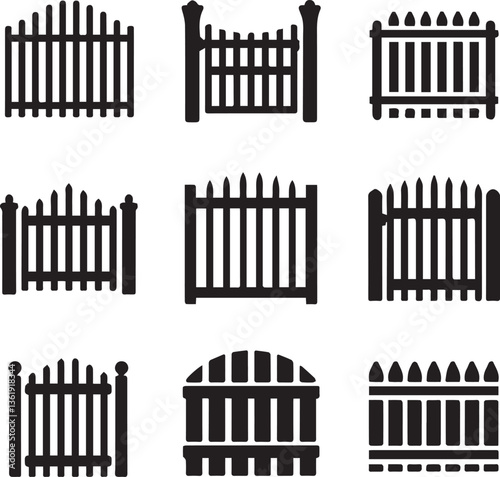 A black and white wrought iron fence illustration with barcode-like patterns, showcasing a decorative and architectural design for a gate or garden