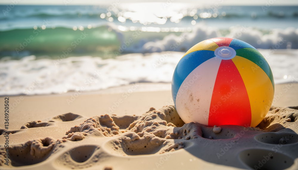 Obraz premium Colorful beach ball resting on sandy shore by the ocean 