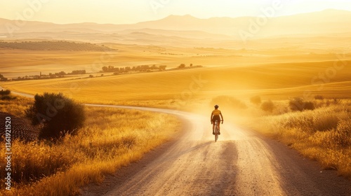 Serene Sunset Bicycle Ride on Dusty Rural Pathway in Golden Landscape