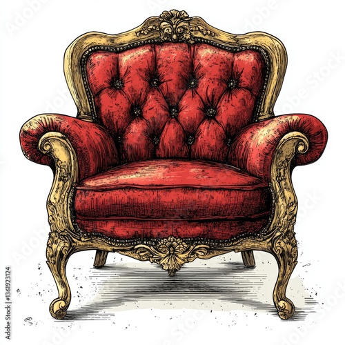 An elaborate antique armchair, adorned with red upholstery and ornate gold carvings, embodies a luxurious baroque style that exudes a sense of aristocracy