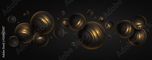3D black spheres textured with golden striped pattern on dark background. Abstract levitating luxurious and shining bubbles. Trendy cover design. Vector illustration. EPS 10