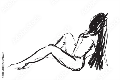 Vector illustration of woman. Charcoal girl. Ugly drawing. Hand drawn. Curved lines. Chaos of lines. Sketch of person. Scribble art. Creative drawing. Chaotic process of lines. Woman without face. 