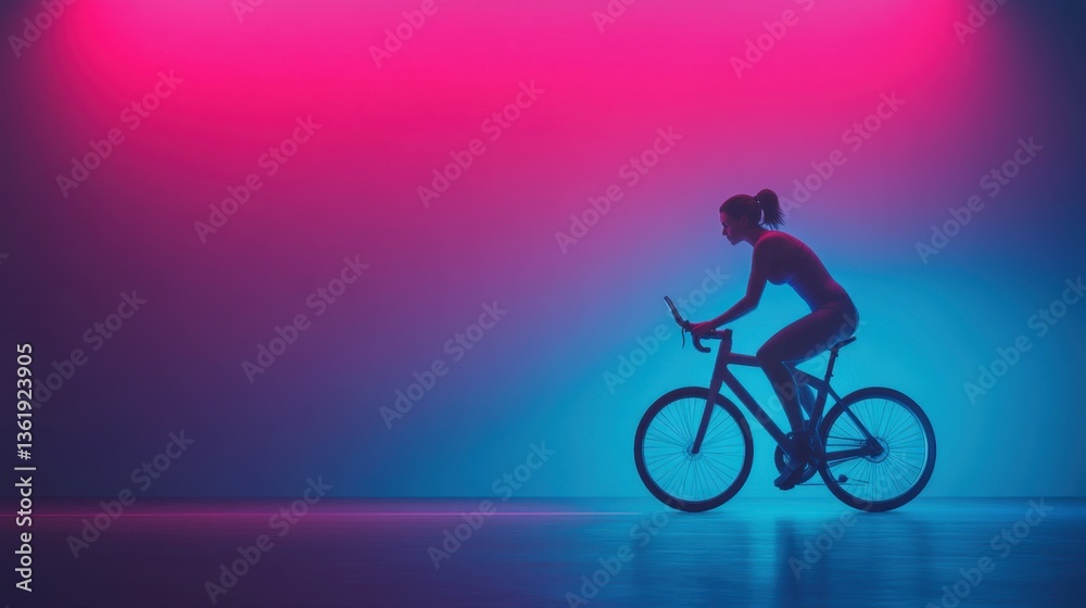 Fototapeta premium Woman Riding Bicycle in Colorful Neon Lights Under Vibrant Pink and Blue Glow in Dark Space for Fitness and Health Concepts