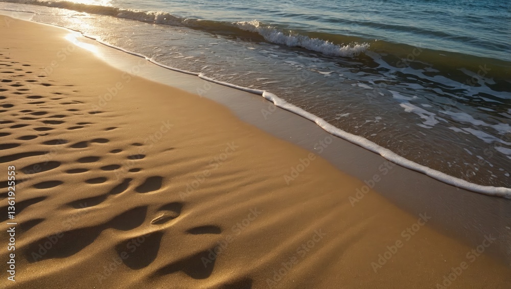 Golden Sunset Beach with Gentle Waves and Sand Patterns Golden Sunset Beach with Gentle Waves and Sand Patterns