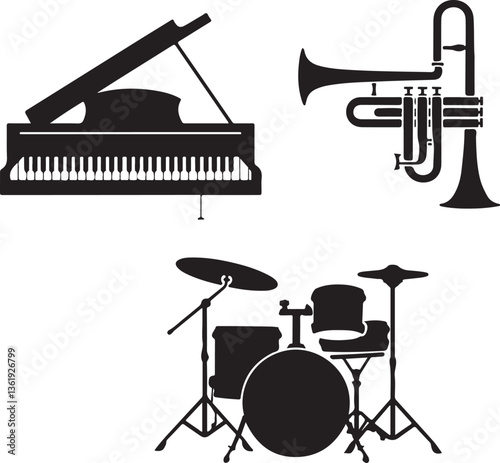 Vector illustration of a musical instruments set with studio equipment and lighting