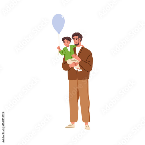 Happy dad with kid, holding festive helium balloon. Father with little boy ch...