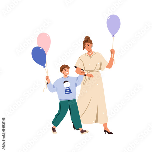 Mother and kid walking with balloons in hands. Happy mom and school child smiling. Woman and boy son, family celebrating holiday together. Flat vector illustration isolated on white background