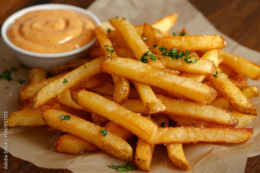 Crispy golden fries served with a flavorful dipping sauce on a rustic wooden table Crispy golden fries served with a flavorful dipping sauce on a rustic wooden table
