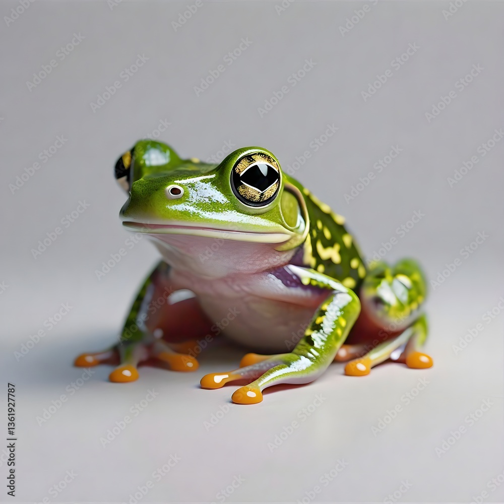 Obraz premium A photorealistic digital rendering of a vibrant green frog with yellow spots and orange toes posed against a soft grey background