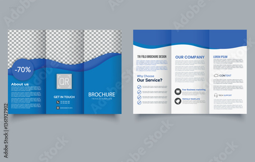 Trifold brochure template with blue waves. Corporate design for business. Editable image.