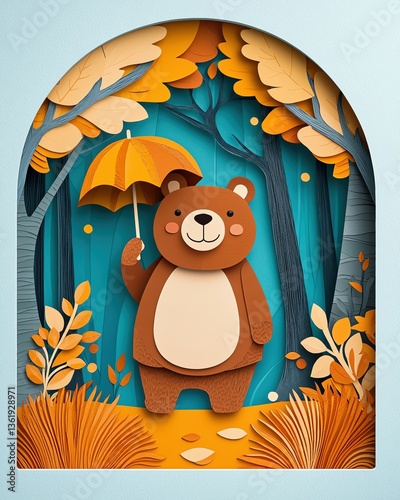 cute animal character in paper cut layered forest A whimsical bear holding an umbrella, surrounded by colorful autumn foliage in a charming forest setting.