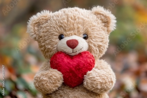 Cute teddy bear holding red heart in natural outdoor setting during autumn season