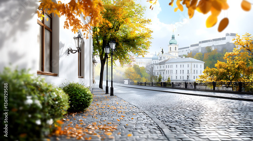 Artistic sketch of a european city street in autumn cobblestone pathway urban landscape serene environment captured from a low angle