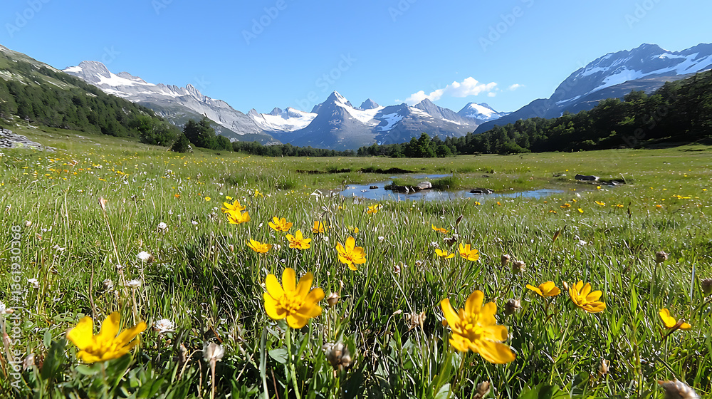 Fototapeta premium Breathtaking meadow adventure in the swiss alps nature photography scenic landscape vibrant environment panoramic view