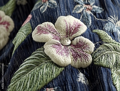 Close-up of embroidered floral detail on dark blue fabric.