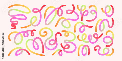 Hand Drawn Abstract Wavy Lines and Scribble Futuristic Sketches with Vibrant Summer Colors. Playful geometric fluid organic shapes isolated. Trendy colorful freehand line doodles.
