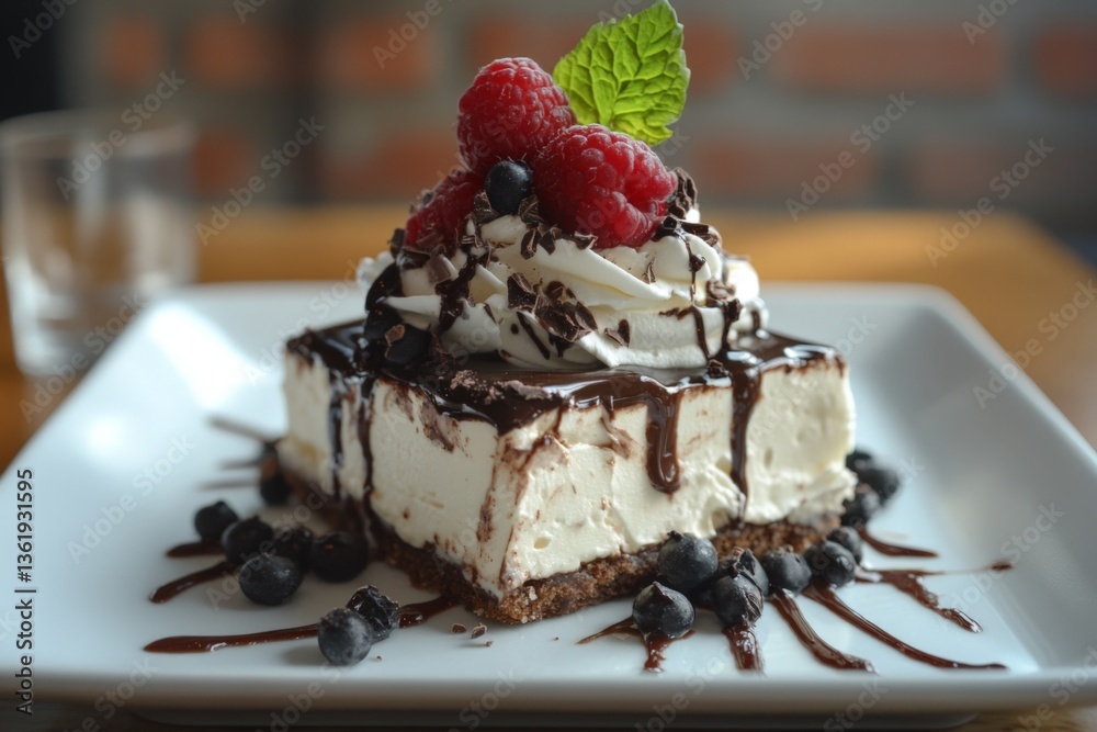 Decadent dessert features layers of cream and chocolate with fresh berries at a cozy cafe during afternoon Decadent dessert features layers of cream and chocolate with fresh berries at a cozy cafe during afternoon
