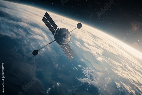 Satellite orbiting Earth with sunrise. photo