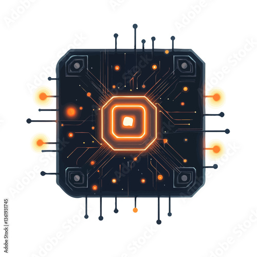 2D flat vector illustration of a quantum computer with glowing circuits, isolated on a white background.


