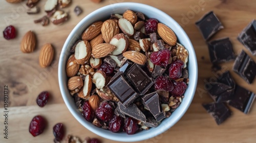 Delicious Trail Mix: Almonds, Cranberries, Chocolate, and Pecans in a Bowl