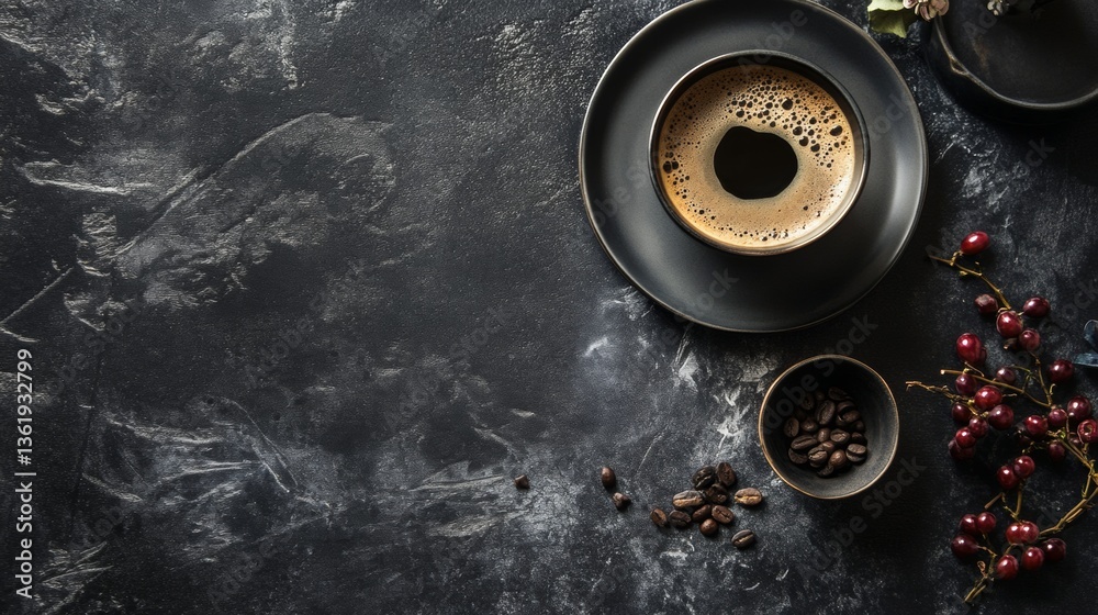 Black coffee cup with saucer on moody dark marble surface Black coffee cup with saucer on moody dark marble surface