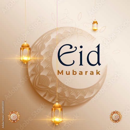 Eid Mubarak celebration with moon and lanterns