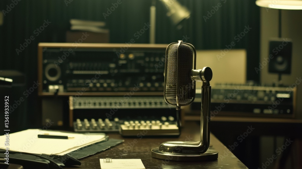 Fototapeta premium Vintage microphone on a desk in a dimly lit recording studio, surrounded by vintage audio equipment. Papers and a pen are also visible