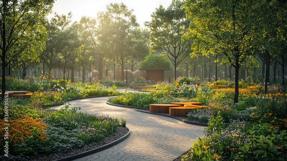 Fototapeta premium Sunlit garden path winding through blooming flowers and trees.