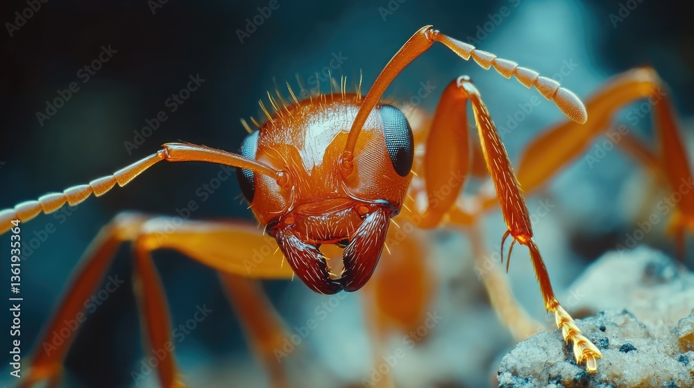 Fototapeta premium Close-up of a vibrant red ant on a rocky surface, showcasing intricate details and textures in its environment