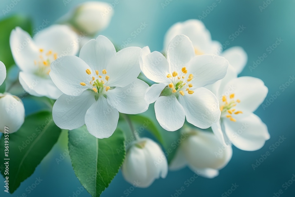 Delicate white flowers bloom on a branch against a soft blue background during springtime Delicate white flowers bloom on a branch against a soft blue background during springtime