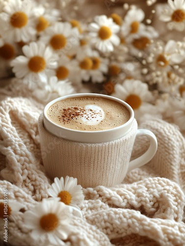 A cappuccino coffee drink surrounded by white daisies on a warm sweater